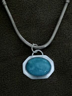 Sterling Silver Necklace with Teal Blue Moisanite Oval Stone Pendant